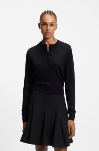 Crew-neck cardigan in merino wool with stacked logo, Black