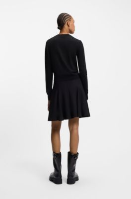 Crew-neck cardigan in merino wool with stacked logo, Black