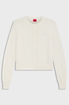Crew-neck cardigan in merino wool with stacked logo, Natural