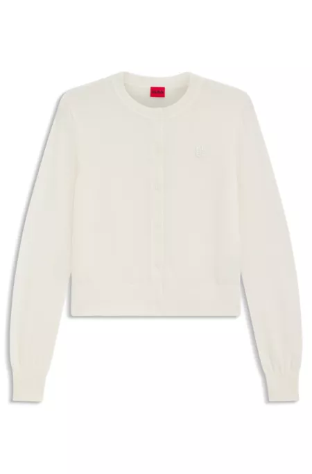 Crew-neck cardigan in merino wool with stacked logo