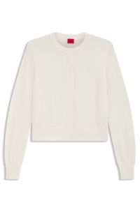 Crew-neck cardigan in merino wool with stacked logo, White
