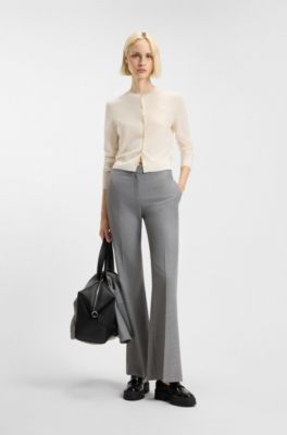 Crew-neck cardigan in merino wool with stacked logo, Natural