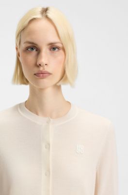 Crew-neck cardigan in merino wool with stacked logo, Natural