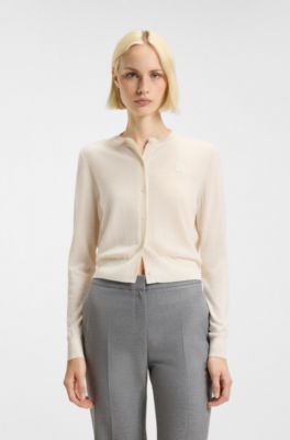 Crew-neck cardigan in merino wool with stacked logo, Natural