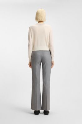 Crew-neck cardigan in merino wool with stacked logo, Natural