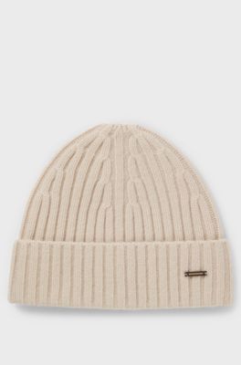Ribbed beanie hat in cashmere, Light Beige