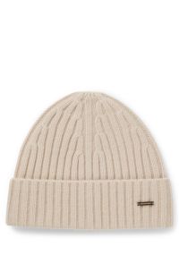 Ribbed beanie hat in cashmere, Light Beige