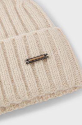 Ribbed beanie hat in cashmere, Light Beige