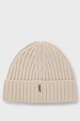 Ribbed beanie hat in cashmere, Light Beige