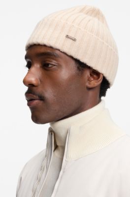 Ribbed beanie hat in cashmere, Light Beige