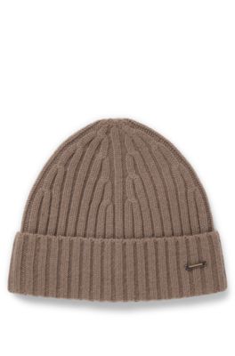 Ribbed beanie hat in cashmere, Light Brown