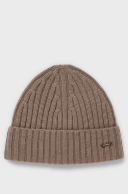 Ribbed beanie hat in cashmere, Light Brown