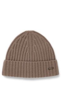 Ribbed beanie hat in cashmere, Light Brown
