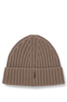 Ribbed beanie hat in cashmere, Light Brown