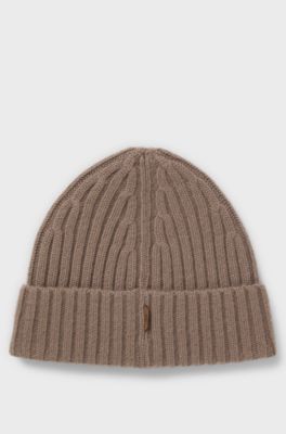 Ribbed beanie hat in cashmere, Light Brown