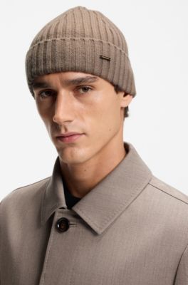 Ribbed beanie hat in cashmere, Light Brown