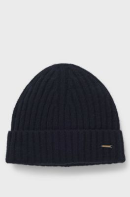 Ribbed beanie hat in cashmere, Dark Blue