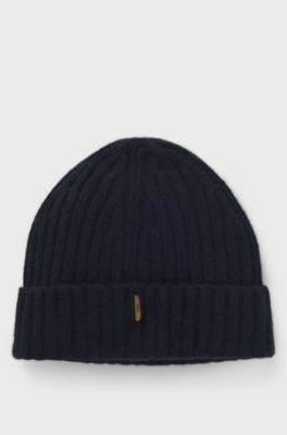 Ribbed beanie hat in cashmere, Dark Blue
