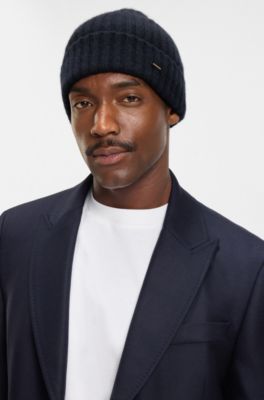 Ribbed beanie hat in cashmere, Dark Blue