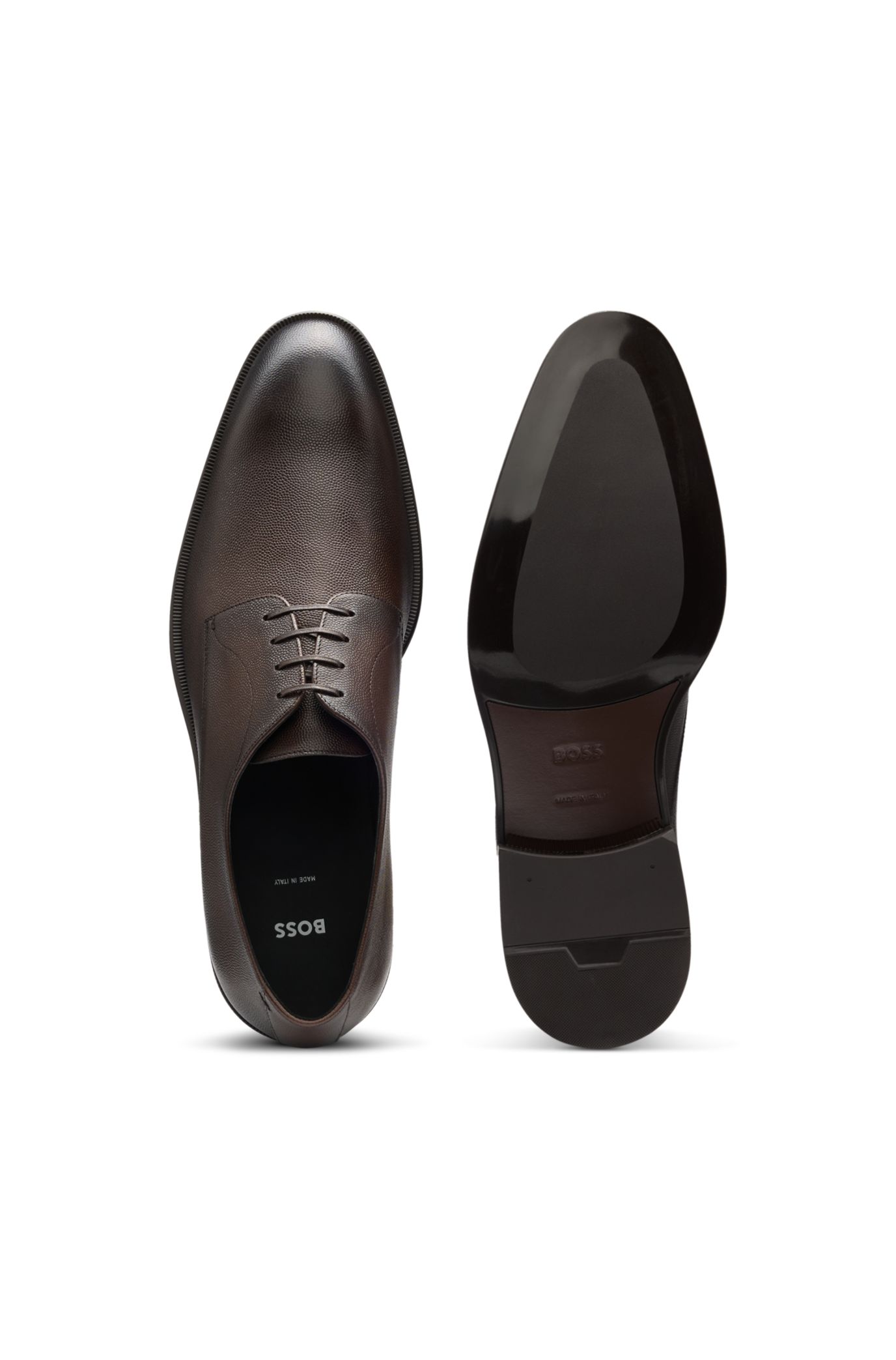 HUGO BOSS 革靴 フルブローグ イタリア製 BOSS - Italian-made leather Derby shoes with piped trims - Black