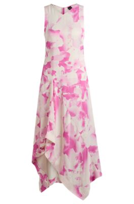 Long-length dress in printed twill with waterfall front, Patterned