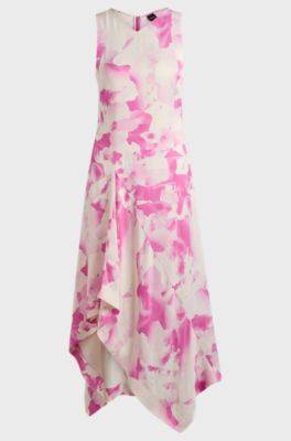 Long-length dress in printed twill with waterfall front, Patterned