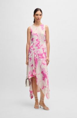 Long-length dress in printed twill with waterfall front, Patterned