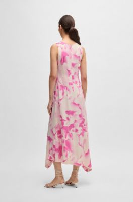Long-length dress in printed twill with waterfall front, Patterned