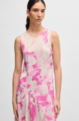 Long-length dress in printed twill with waterfall front, Patterned