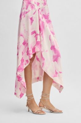 Long-length dress in printed twill with waterfall front, Patterned