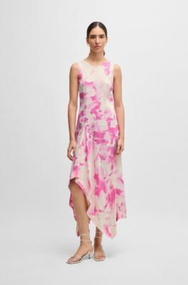 Long-length dress in printed twill with waterfall front, Patterned