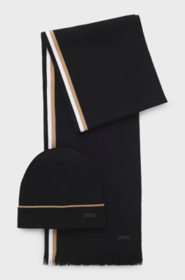 Hat and scarf gift set with stripe details, Black