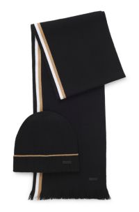 Hat and scarf gift set with stripe details, Black