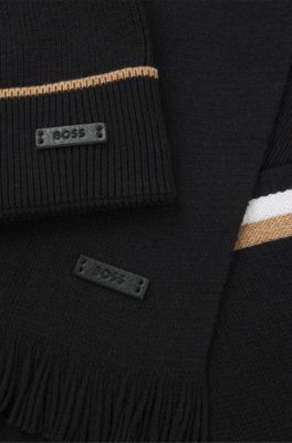 Coffret cadeau bonnet et &eacute;charpe &agrave; rayures, Noir