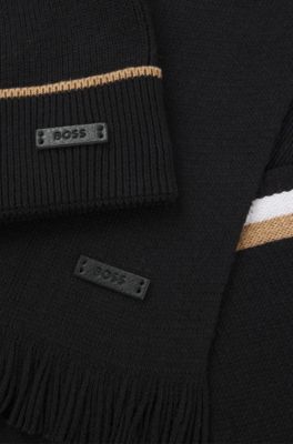 Hat and scarf gift set with stripe details, Black