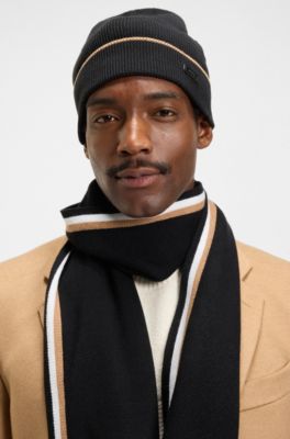Hat and scarf gift set with stripe details, Black