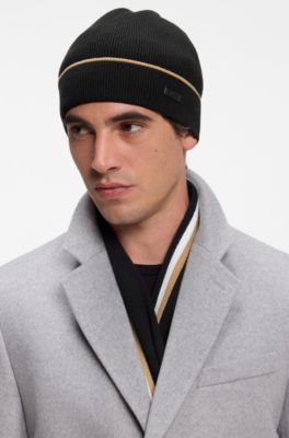 Hat and scarf gift set with stripe details, Black