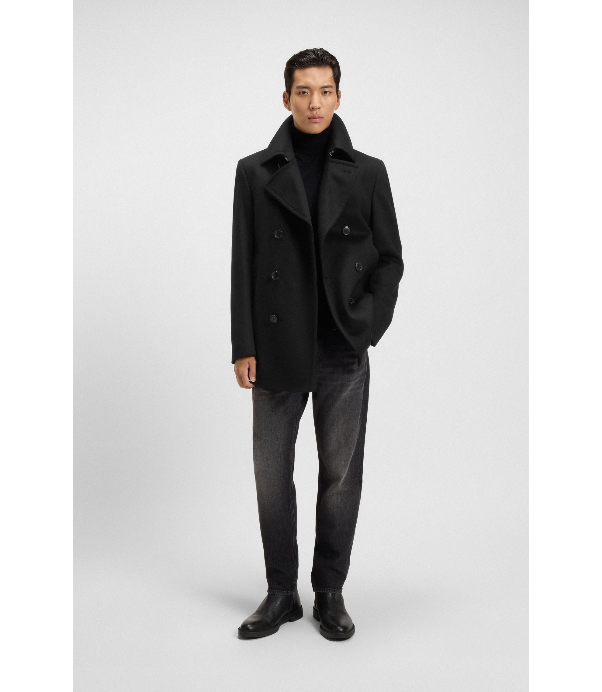 BOSS - スリムフィット ピーコート ウール/カシミア - ブラック