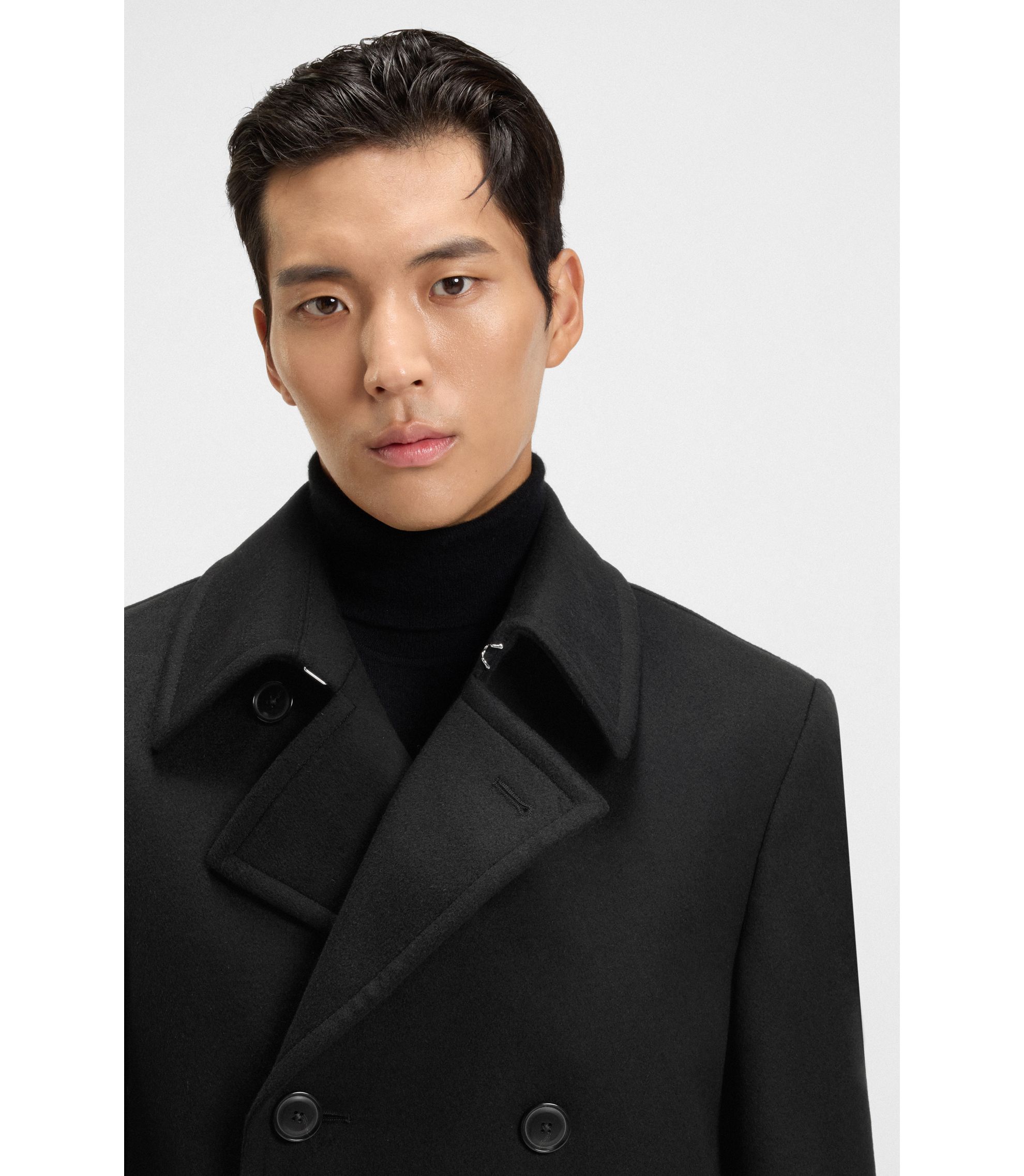 【美品】HUGO BOSSブラックウール ピーコート BOSS - スリムフィット ピーコート ウール/カシミア - ブラック