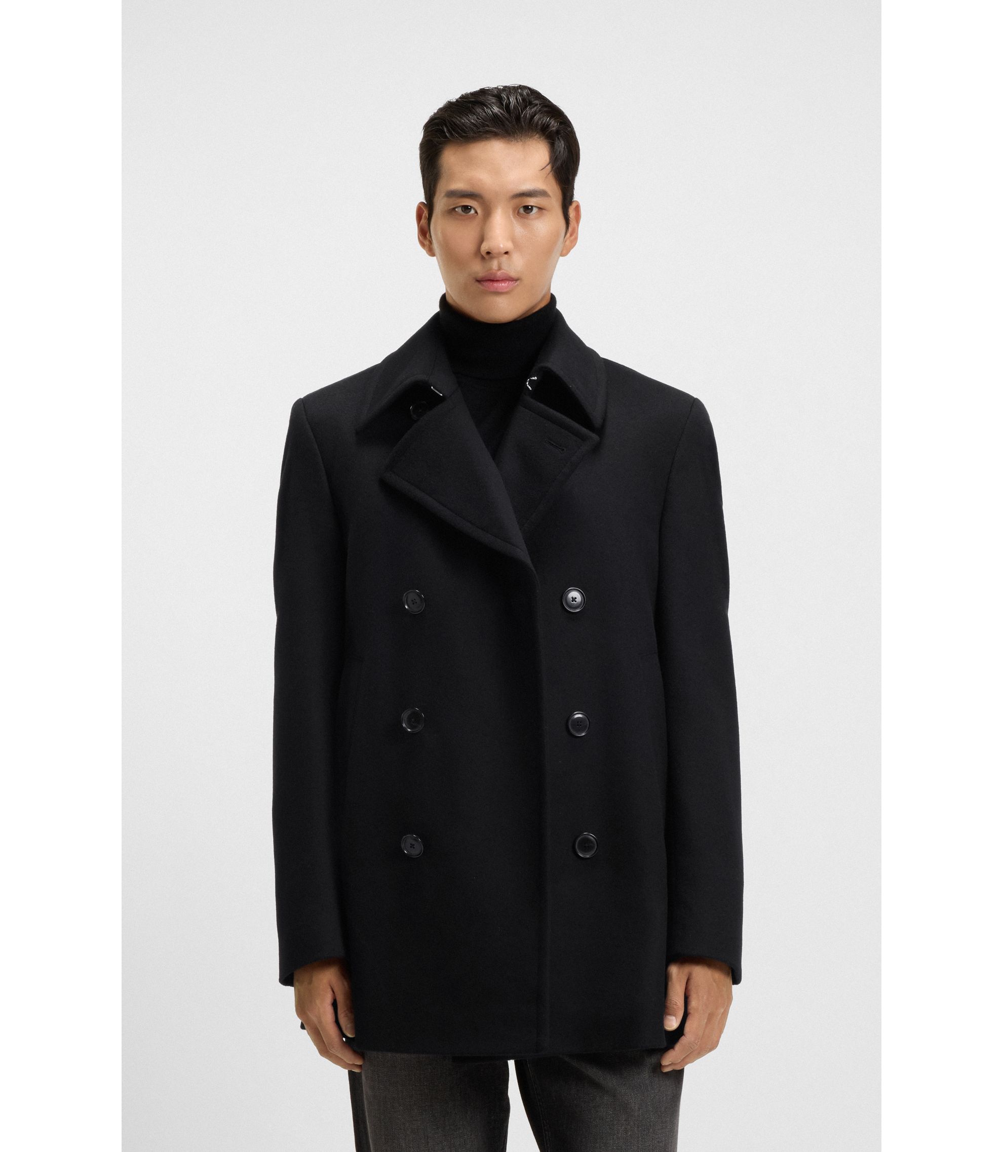 BOSS - スリムフィット ピーコート ウール/カシミア - ブラック