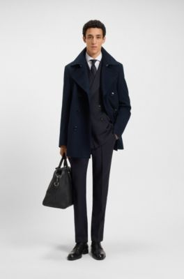 Slim-fit peacoat in wool and cashmere, Dark Blue