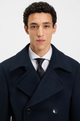 Slim-fit peacoat in wool and cashmere, Dark Blue
