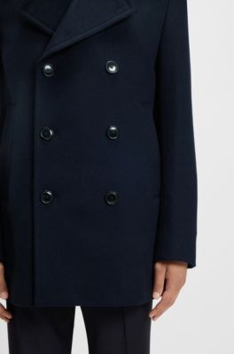 Slim-fit peacoat in wool and cashmere, Dark Blue