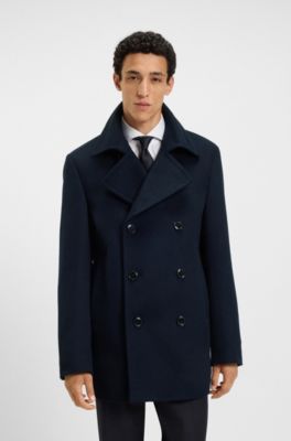 Slim-fit peacoat in wool and cashmere, Dark Blue