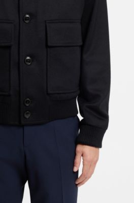 Wool-cashmere blouson-style coat with knit trims, Dark Blue