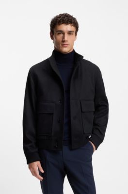 Wool-cashmere blouson-style coat with knit trims, Dark Blue
