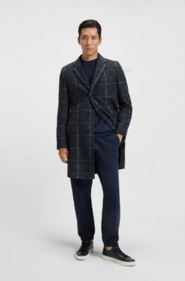 Slim-fit coat with plain check, Blue Patterned