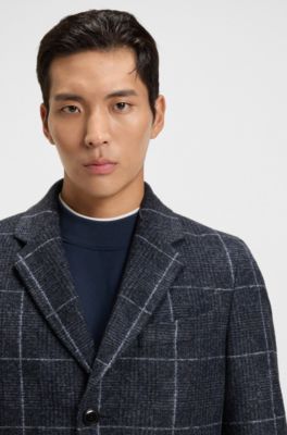 Slim-fit coat with plain check, Blue Patterned
