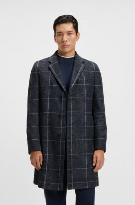 Slim-fit coat with plain check, Blue Patterned