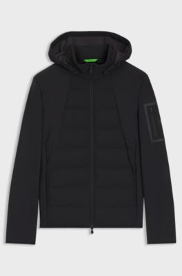 Water-repellent down jacket with detachable hood, Black